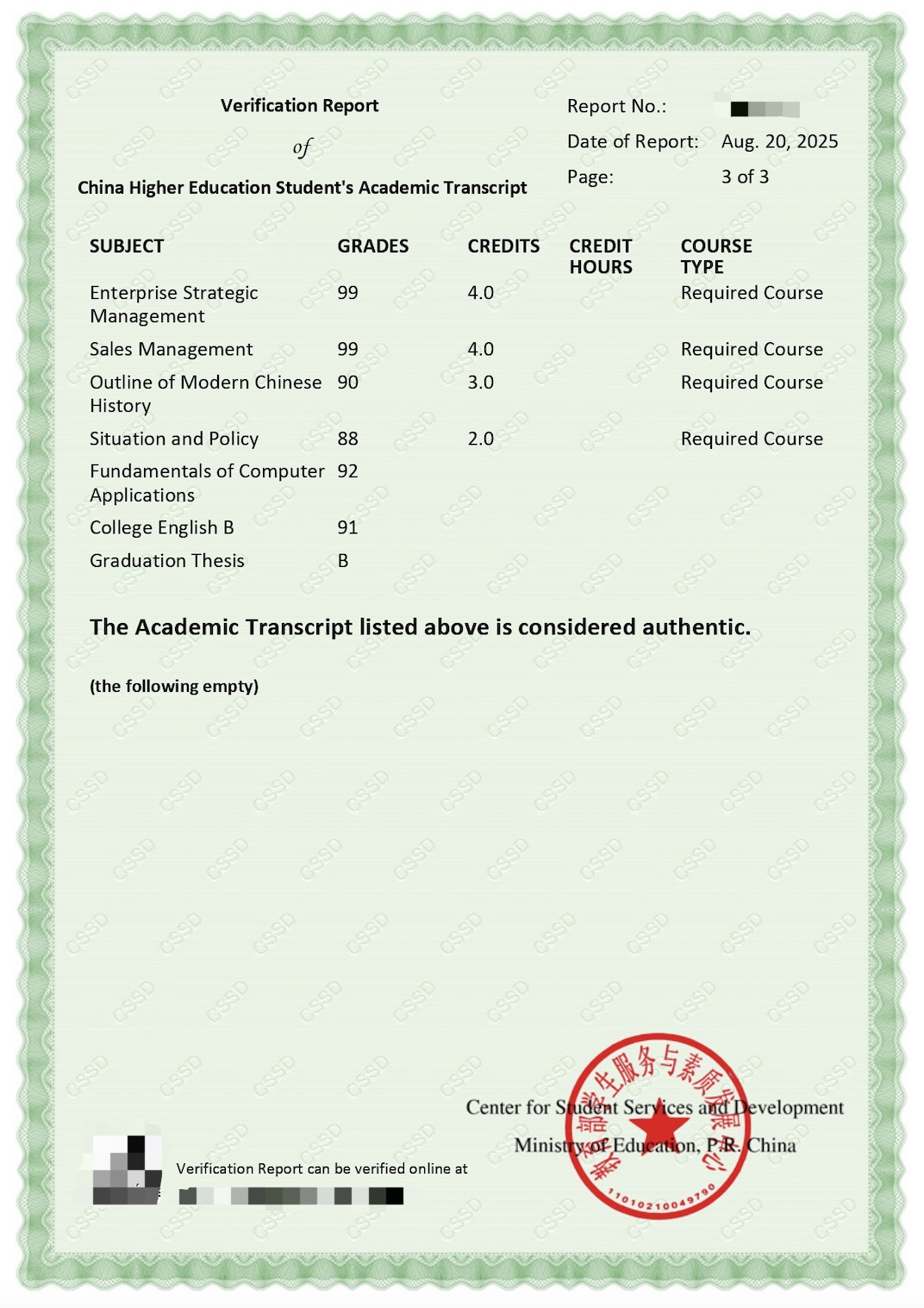 CHSI Transcript Verification Report English Sample Page 3