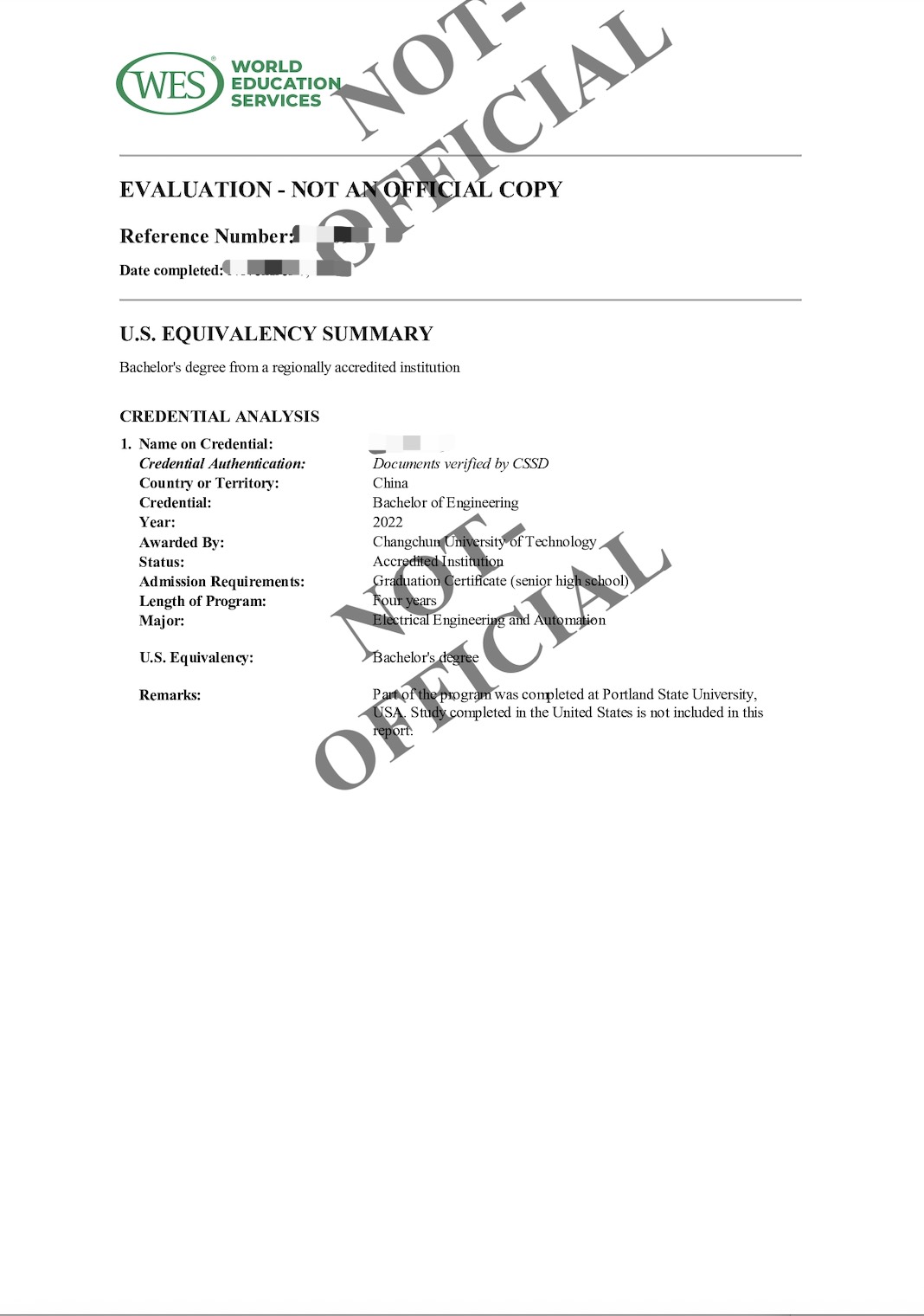 WES Evaluation Report Sample for China Degree